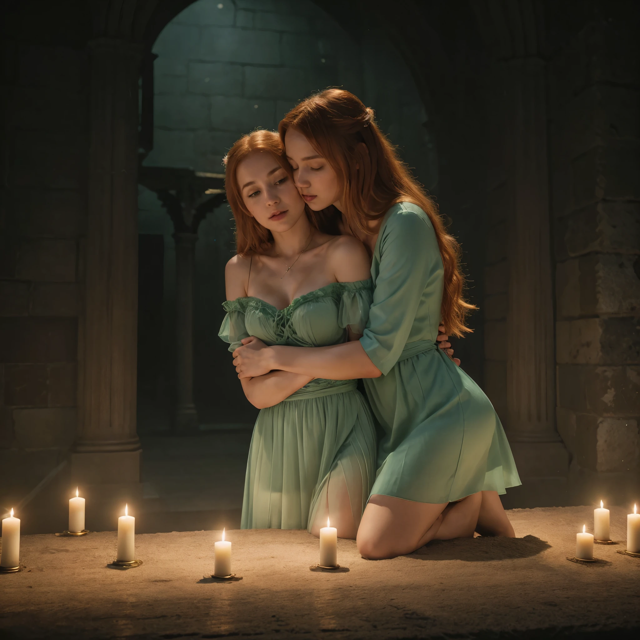 (Masterpiece, 8k, 16k, uhd, best quality, fantasy photography, epic imagination), 2girls from Norge (hugging, front to back:1.2) in a gothic cathedral, beautiful, tender, late at night, kissing, movie scene, cinematic lighting, emerald green dresses, very light pink dresses, blonde woman, redhead woman, tits, breasts 