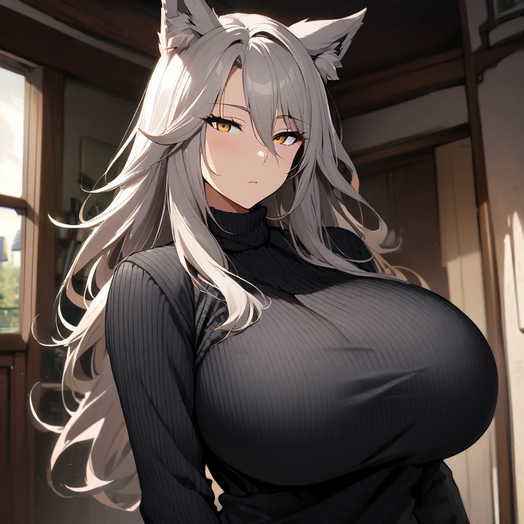 1girl,solo,Mature Women,Females in heat,grey hair color,long hair,wolf ears,blonde eyes,slanted eyes,super huge breasts,slender,black knit long sleeves,amorous glance,mature and sexy,looking at viewer,very near,standing up,expressionless,house,in room