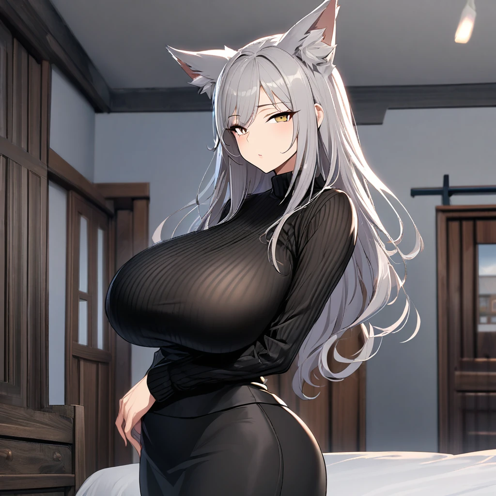 1girl,solo,Mature Women,Females in heat,grey hair color,long hair,wolf ears,blonde eyes,slanted eyes,super huge breasts,slender,black knit long sleeves,amorous glance,mature and sexy,looking at viewer,very near,standing up,expressionless,house,in room