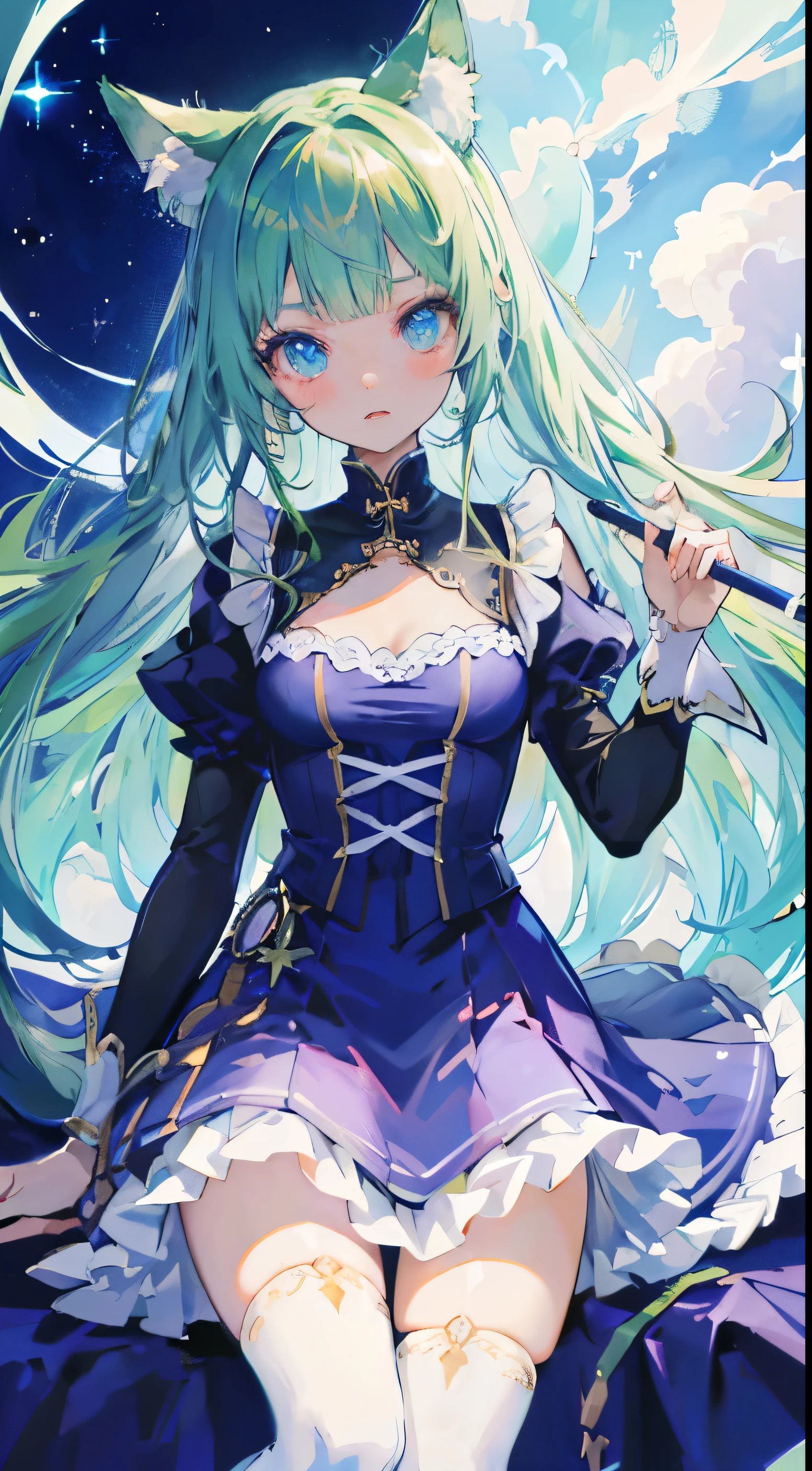 ((Tabletop, Highest quality: 1.1), ((Anime girl in a blue dress holding a magic wand)), art nouveau、Anime Cat girl wearing a maid costume, , ((Green hairs))、Long-haired person、((Eyes that shine like jewels, Long eyelashes, Transparency))、Very Beautiful Anime Cat girl, Anime cat girl, ((White knee-high socks)), Attractive Cat Girl, I'At the candy store,Inspired by Leiko Ikemura, Takano Aya color style, in ryuuou no oshigoto art style, Cat girl, Someone you admire, rei hiroe、smile