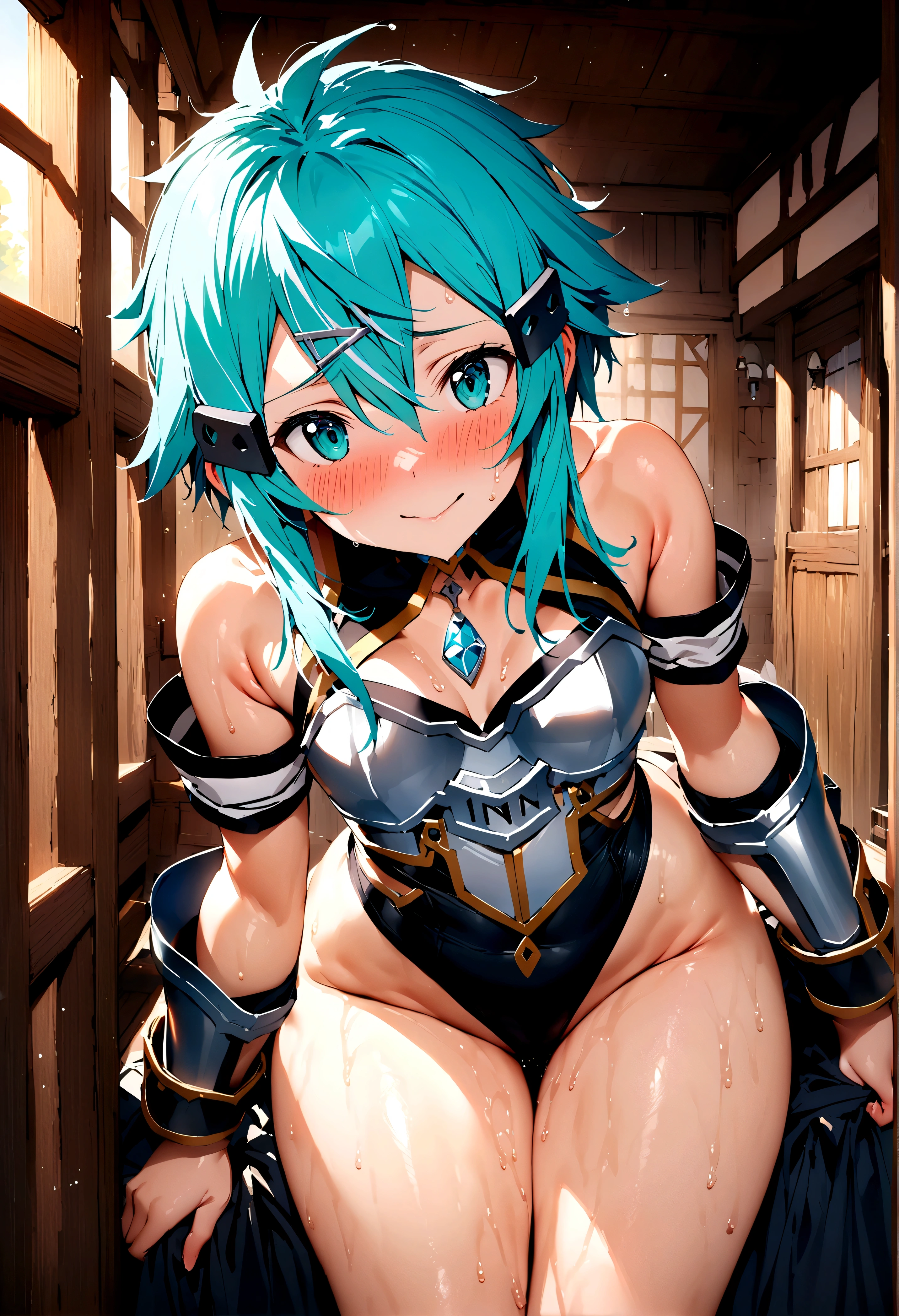 NSFW,masterpiece,Highest quality,High resolution,Super detailed,Sinon\(Sword Art Online\),armor,breastplate,Hand guard,leotard,skirt,gem, hair ornaments, Hair Clip,Embarrassed,Watery eye,smile,blush,Fantasy,inn,indoor