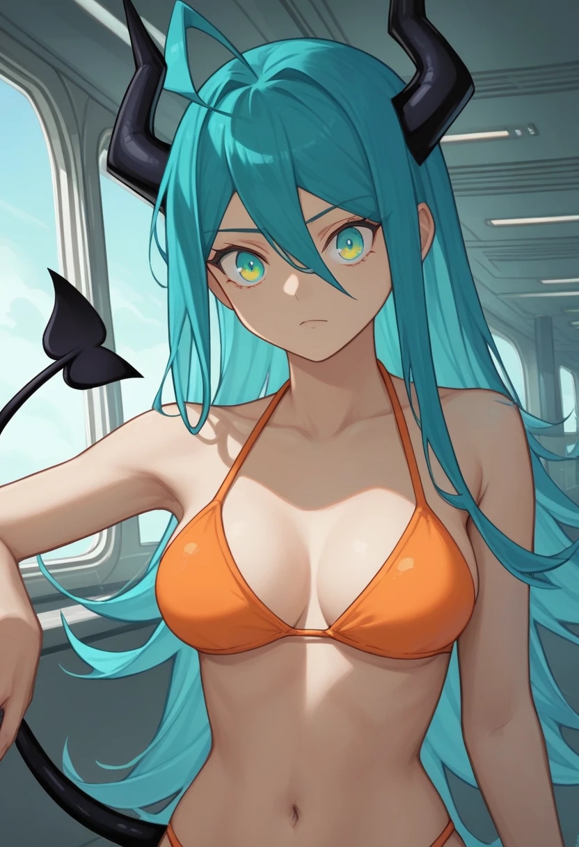 score_9, score_8_up, score_7_up,1 daemon woman, black demon horns, black demon tail, (aquamarine hair),aquamarine green color hair,ahoge, long hair, (long hair),bangs, light orange bikini, bikini is orange, bikini orange, orange bikini!, (aquamarine eyes), background is spaceship, aquamarine eyes, 1woman ,facing viewer, daemon girl, close up,Well-endowed, alone, Spacecraft interior