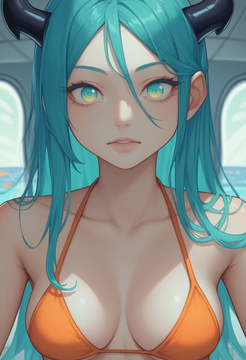 score_9, score_8_up, score_7_up,1 daemon woman, black demon horns, black demon tail, (aquamarine hair),aquamarine green color hair,ahoge, long hair, (long hair),bangs, light orange bikini, bikini is orange, bikini orange, orange bikini!, (aquamarine eyes), background is spaceship, aquamarine eyes, 1woman ,facing viewer, daemon girl, close up,Well-endowed, alone, Spacecraft interior