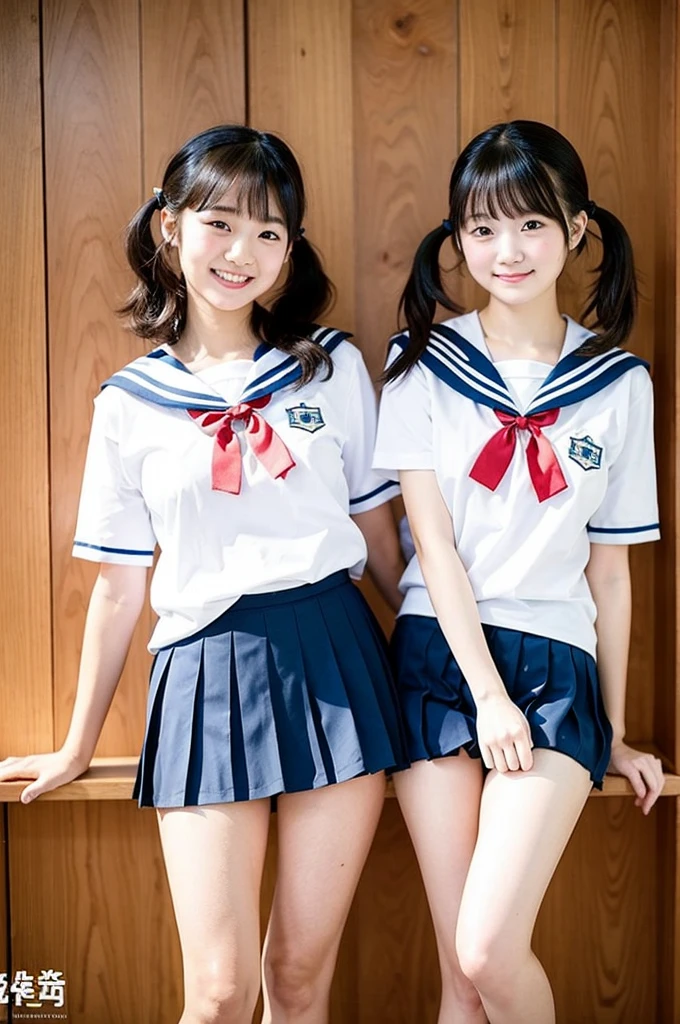 2 girls walking in wooden school classroom,white sailor shirt,white thong,18-year-old,bangs,a little smile,thighs,knees,short hair with low pigtails bunches,from below,front light