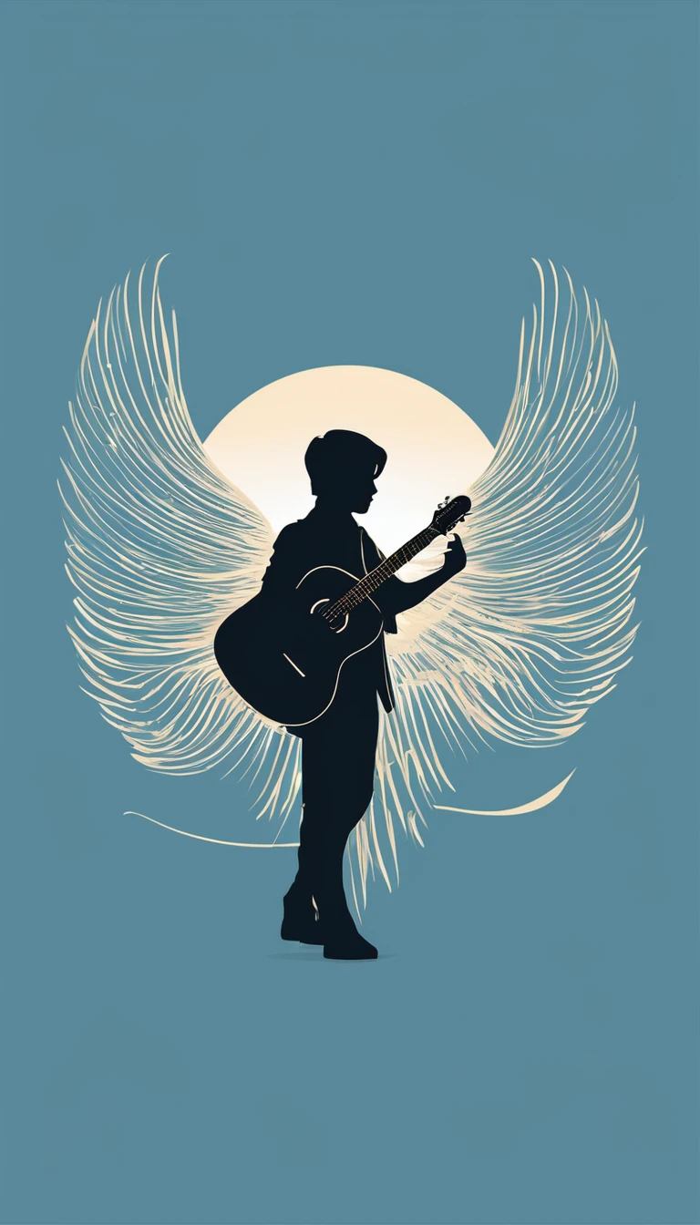 A minimal, modern, simple, cinematic logo design for the brand “Penamemoria". The logo design must be a simple, silhouette of a boy, standing up, playing acoustic guitar and fantasy feather by his side. The logo must convey a sense of music, stories, memories and dreams. Logo design impressed on a book cover. Minimalistic logo. Light blue, soft white and light golden as colors for the logo design