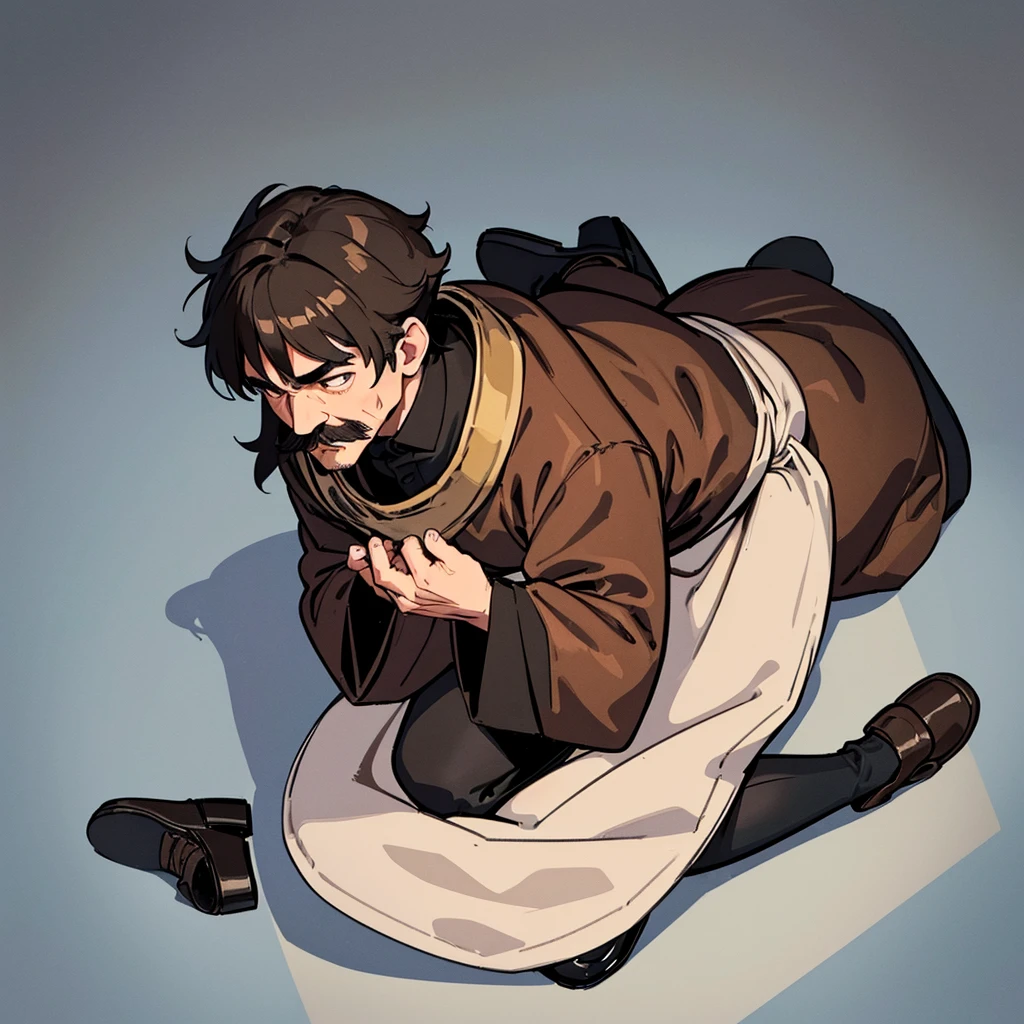 ((((Solo))))、Highest quality, Best Quality,Best illustrationiddle ages、(((Simple brown robe、Black shoes)))、(40-year-old uncle、mature、Kaiser moustache)、(LOL)、fight、(From above、profile)、Get down on one knee on the ground
