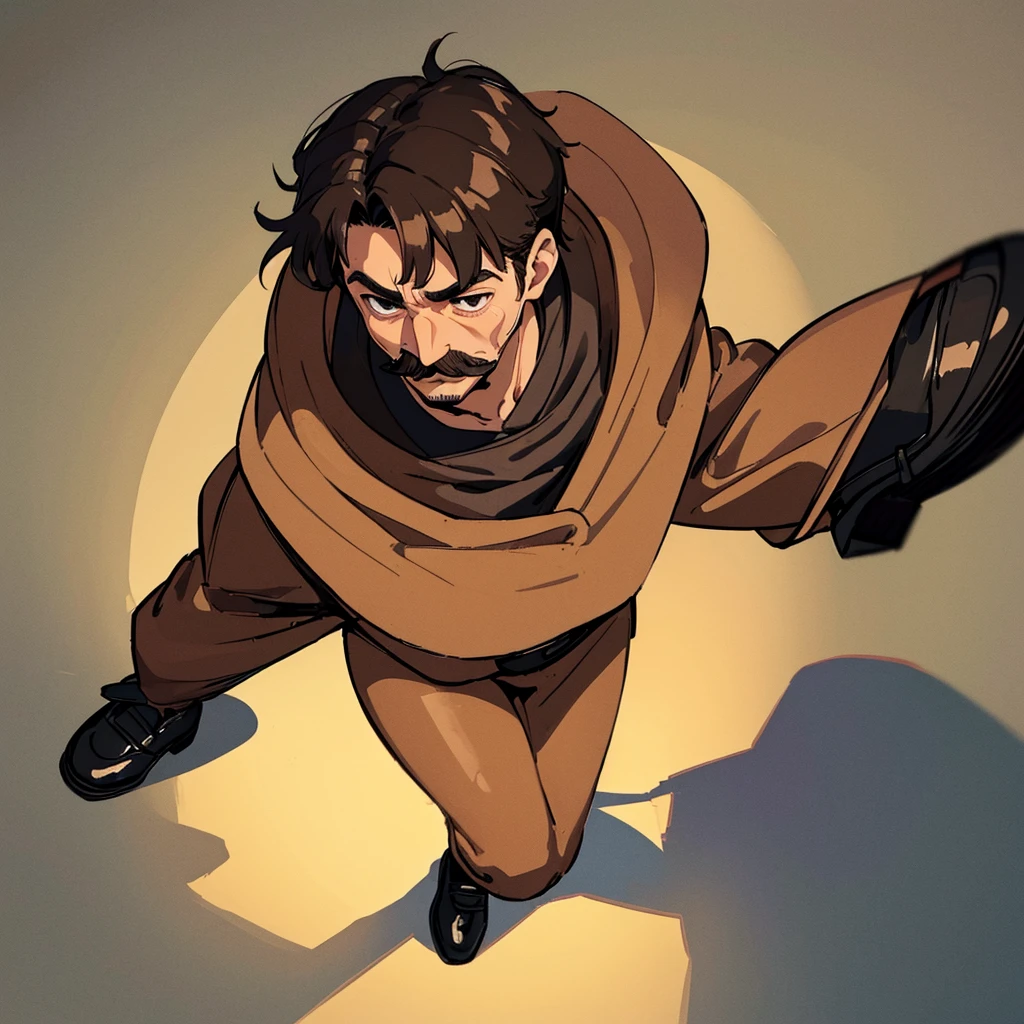 ((((Solo))))、Highest quality, Best Quality,Best illustrationiddle ages、(((Simple brown robe、Black shoes)))、(40-year-old uncle、mature、Kaiser moustache)、(LOL)、fight、(From above、profile)、Get down on one knee on the ground