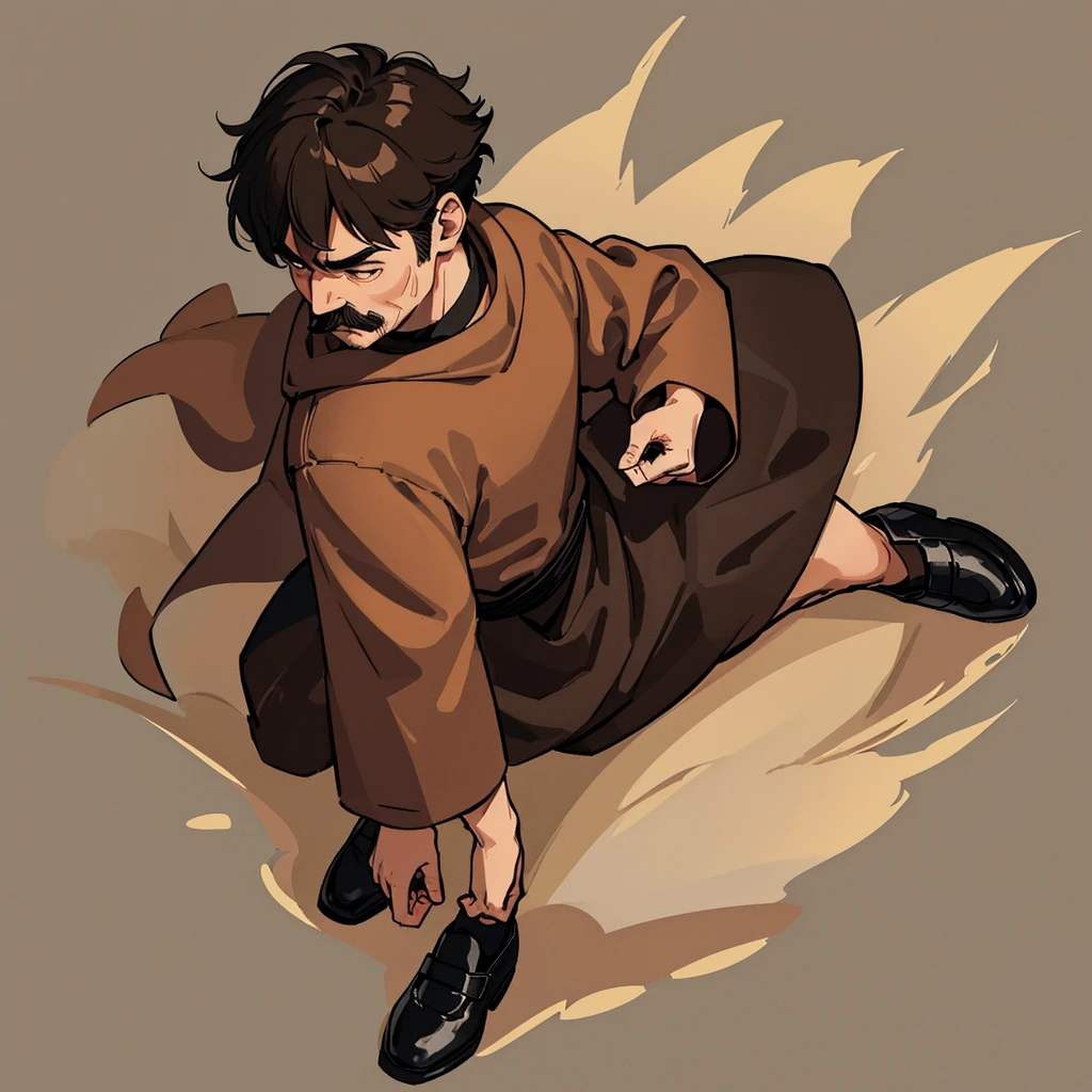 ((((Solo))))、Highest quality, Best Quality,Best illustrationiddle ages、(((Simple brown robe、Black shoes)))、(40-year-old uncle、mature、Kaiser moustache)、(LOL)、fight、(From above、profile)、Get down on one knee on the ground
