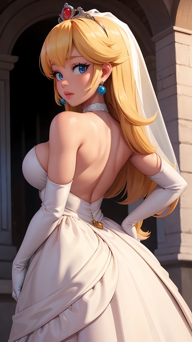 ((Masterpiece)), ((Best Quality)), (detailed), perfect, Alone, peach, beautiful woman in wedding dress, wedding veil on the head, delicious lips, wide, huge chest, deep neckline, huge chests, sexy, take from behind