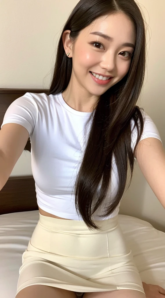 White tight skinny shirt、White tight skinny mini skirt、bed、smile、Short sleeve、high resolution、double eyelid、White teeth、Long Hair A well-proportioned Japanese face Thin eyebrows Brown Hair Panty shot