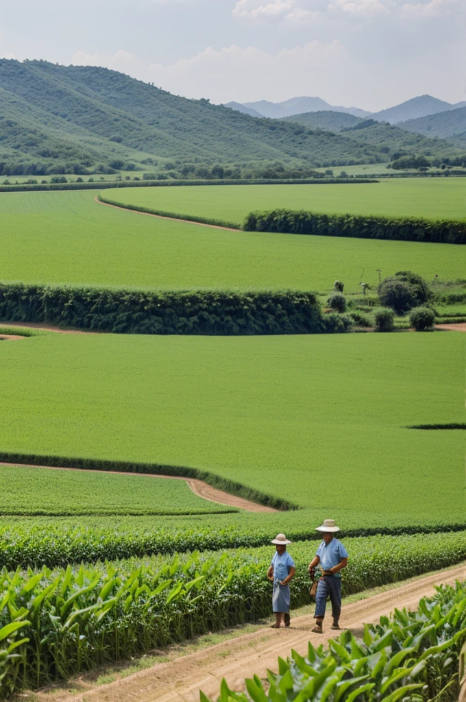 working in the fields with his family during the day, surrounded by lush green crops."