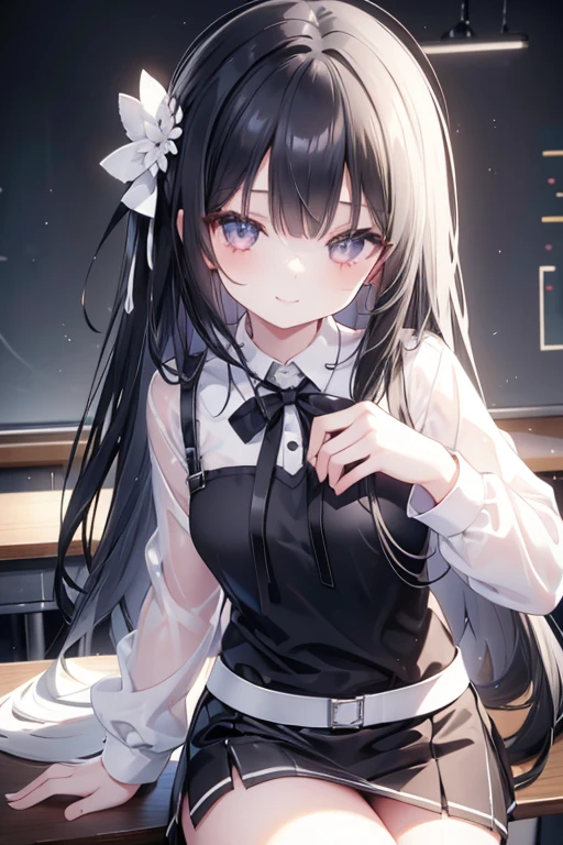 young girl, black hair on the outside and white hair on the inside, silver eyes,beautiful and detailed eyes, long hair, sadistic smile, black shirt, white mini skirt, (classroom)