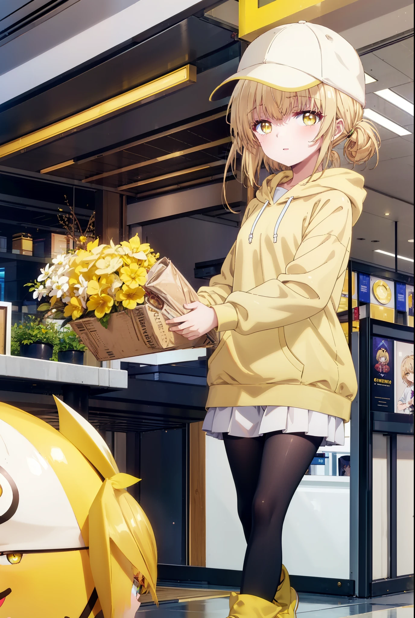 mahirushiina, Mahiru Shiina, bangs, Blonde, Brown Hair, (Yellow Eyes:1.3), smile,Open your mouth,Baseball cap,Oversized yellow hoodie,Short sleeve,mini skirt,black tights,short boots,Walking,Clear skies,Daytime,
break indoors,Shopping mall,
break looking at viewer, whole body,
break (masterpiece:1.2), Highest quality, High resolution, unity 8k wallpaper, (shape:0.8), (Fine and beautiful eyes:1.6), Highly detailed face, Perfect lighting, Highly detailed CG, (Perfect hands, Perfect Anatomy),