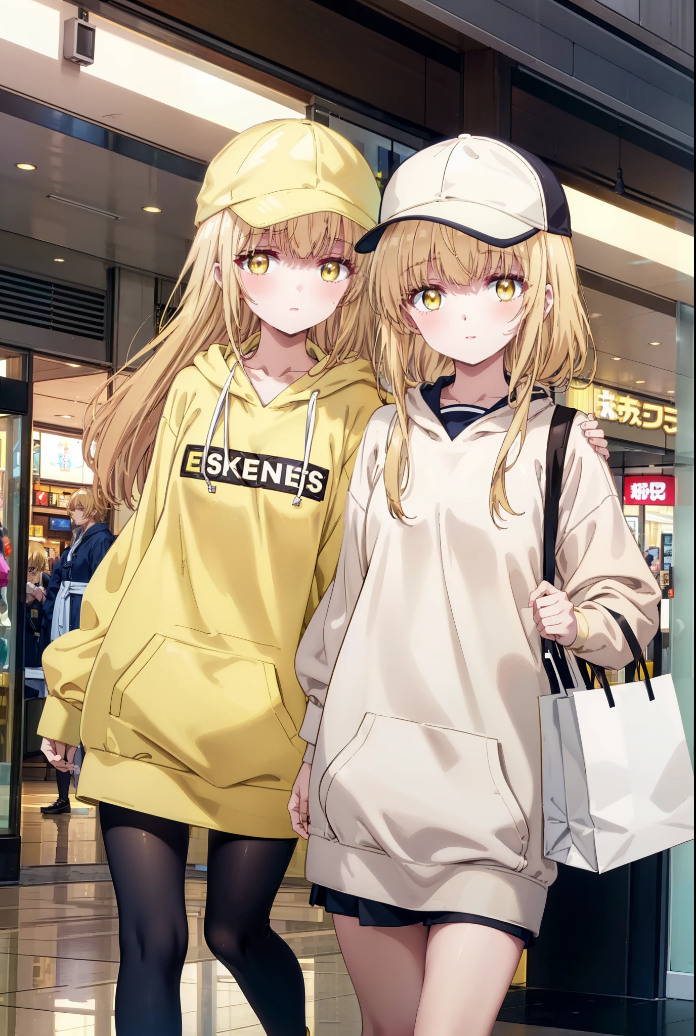 mahirushiina, Mahiru Shiina, bangs, Blonde, Brown Hair, (Yellow Eyes:1.3), smile,Open your mouth,Baseball cap,Oversized yellow hoodie,Short sleeve,mini skirt,black tights,short boots,Walking,Clear skies,Daytime,
break indoors,Shopping mall,
break looking at viewer, whole body,
break (masterpiece:1.2), Highest quality, High resolution, unity 8k wallpaper, (shape:0.8), (Fine and beautiful eyes:1.6), Highly detailed face, Perfect lighting, Highly detailed CG, (Perfect hands, Perfect Anatomy),