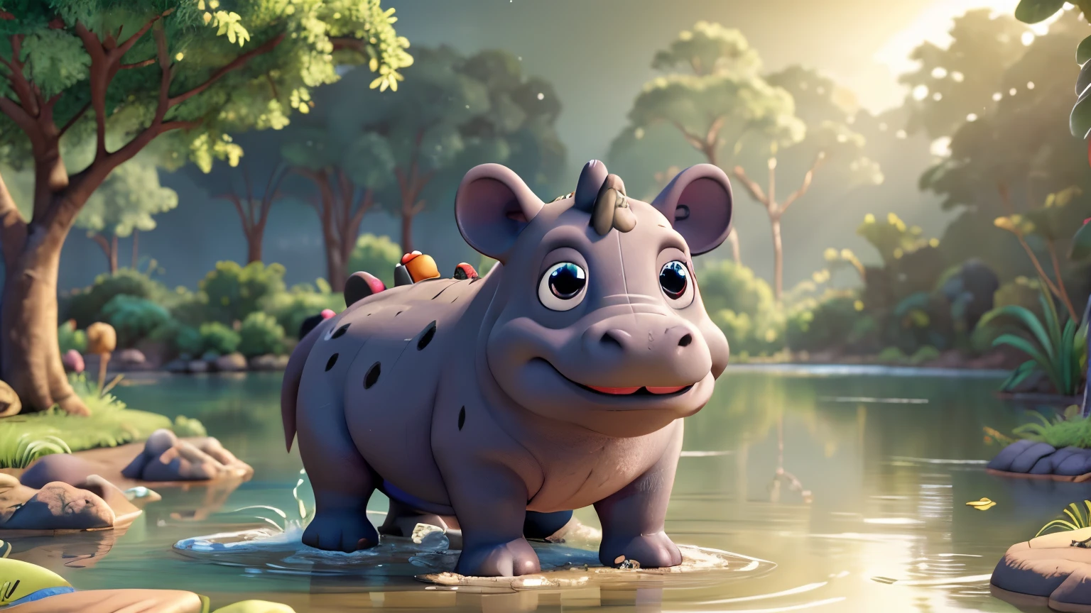 grey hippo,3D animated,Africa,small lake,disney-style,photorealistic,4k,8k,highres,masterpiece:1.2,ultra-detailed,realistic:1.37,vibrant colors,dramatic lighting,whimsical,cute animal expression,adorable face,detailed eyes and features,lush foliage,reflections in water,dynamic composition