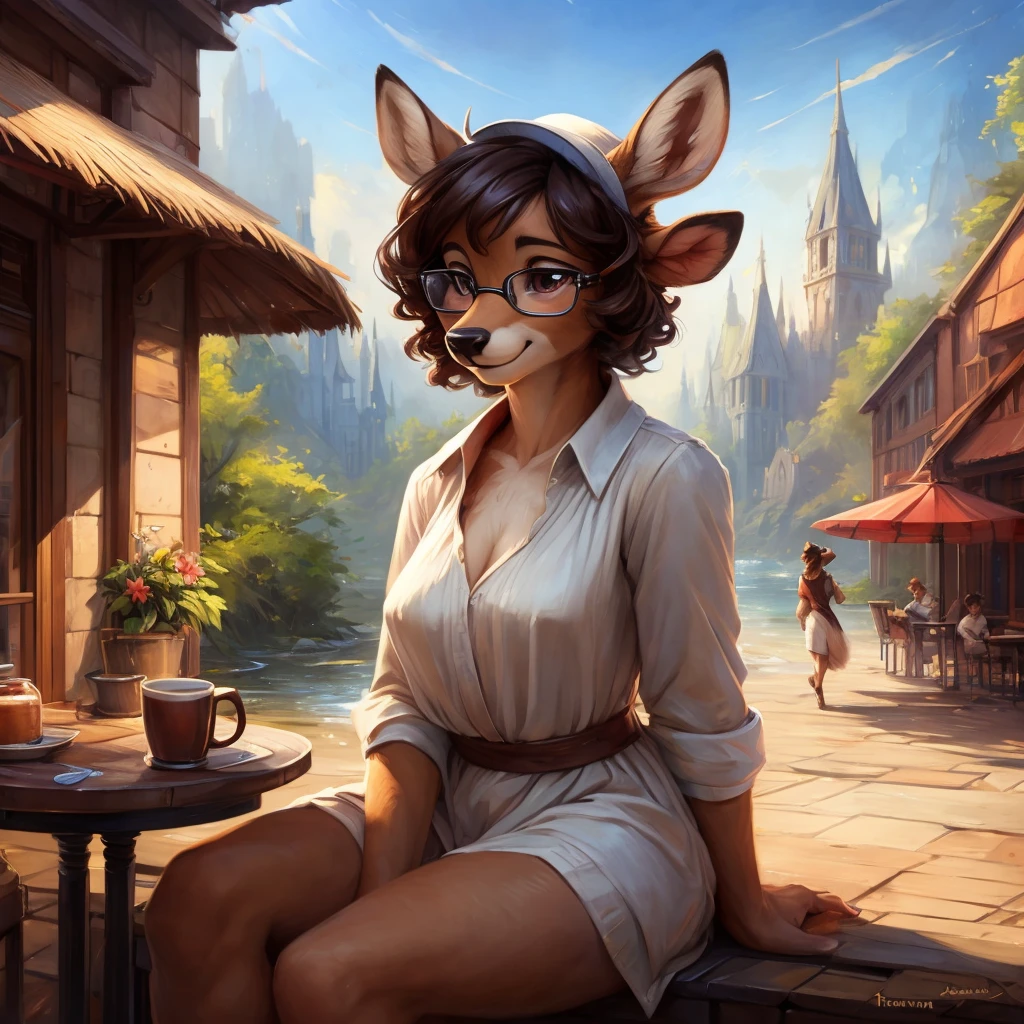 uploaded on e621, by Pixelsketcher, by Bayard Wu, by Thomas Benjamin Kennington , by Einshelm, by hioshiru and kenket, Chunie, portrait, solo anthro female deer doe, tiny featureless breasts, tiny breasts, clear dark blue, cinematic lighting, day, sunny day, sitting outside at a café, café background, french background, old french background, shiny, short curly dark brown hair, short hair, wears big black nerd glasses, very very beautiful furry art, furry art, thoughtful, shiny, feminine, cute face, muzzle, fluffy chest, flawless face, Fallow deer, 1girl, Sakimichan is beautiful, Masterpiece, Wavethesallow Face, shiny, Detailed image, portrait, Detailed image, portrait, wears pure white wide, big blouse, wears beige summer straw hat, shiny, realistic face, perfect anatomy, hourglass body, anthropomorphic deer, happy, very happy, small ears, huge black nerd glasses, wide happy eyes, look at viewer, smiles, big smile, holds big cup of coffee, hourglass body, (furry body:1.1), anthropomorphic deer, small fluffy tail, detailed background, (cute anatomy:1.1), looks into the distance