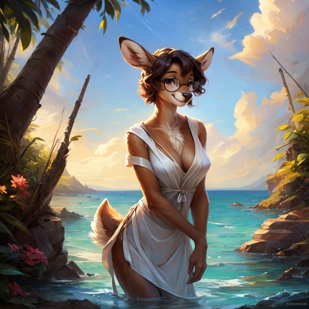 uploaded on e621, by Pixelsketcher, by Bayard Wu, by Thomas Benjamin Kennington , by Einshelm, by hioshiru and kenket, Chunie, portrait, solo anthro female deer doe, with small featureless breasts, clear dark blue, cinematic lighting, day, sunny day, beach, stays in the sea, sea background, mediterranean background, horizon background, shiny, short curly dark brown hair, wears big black nerd glasses, very very beautiful furry art, furry art, smiling, joyful, shiny, happy, feminine, cute face, muzzle, fluffy chest, flawless face, Fallow deer, 1girl, Sakimichan is beautiful, Masterpiece, Wavethesallow Face, shiny, Detailed image, portrait, Detailed image, portrait, full body, wearing wide, long, white blouse, wearing big and wide beige summer straw hat, shiny, realistic face, perfect anatomy, hourglass body, (furry body:1.1), anthropomorphic deer, looks at the viewer, small fluffy tail, detailed background, (cute anatomy:1.1), windy