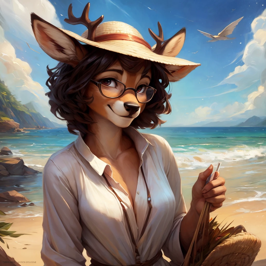 uploaded on e621, by Pixelsketcher, by Bayard Wu, by Thomas Benjamin Kennington , by Einshelm, by hioshiru and kenket, Chunie, portrait, solo anthro female deer doe, with small featureless breasts, clear dark blue, cinematic lighting, day, sunny day, beach, stays in the sea, sea background, mediterranean background, horizon background, shiny, short curly dark brown hair, wears big black nerd glasses, very very beautiful furry art, furry art, smiling, joyful, shiny, happy, feminine, cute face, muzzle, fluffy chest, flawless face, Fallow deer, 1girl, Sakimichan is beautiful, Masterpiece, Wavethesallow Face, shiny, Detailed image, portrait, Detailed image, portrait, full body, wearing wide, long, white blouse, wearing big and wide beige summer straw hat, shiny, realistic face, perfect anatomy, hourglass body, (furry body:1.1), anthropomorphic deer, looks at the viewer, small fluffy tail, detailed background, (cute anatomy:1.1), windy