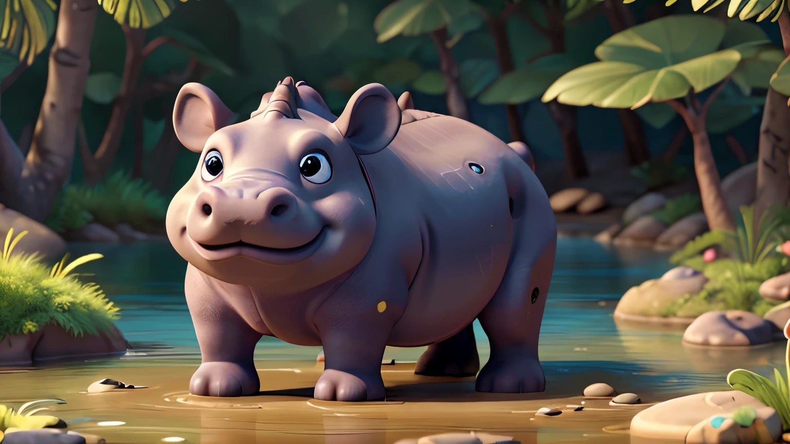 grey hippo,3D animated,Africa,small lake,disney-style,photorealistic,4k,8k,highres,masterpiece:1.2,ultra-detailed,realistic:1.37,vibrant colors,dramatic lighting,whimsical,cute animal expression,adorable face,detailed eyes and features,lush foliage,reflections in water,dynamic composition