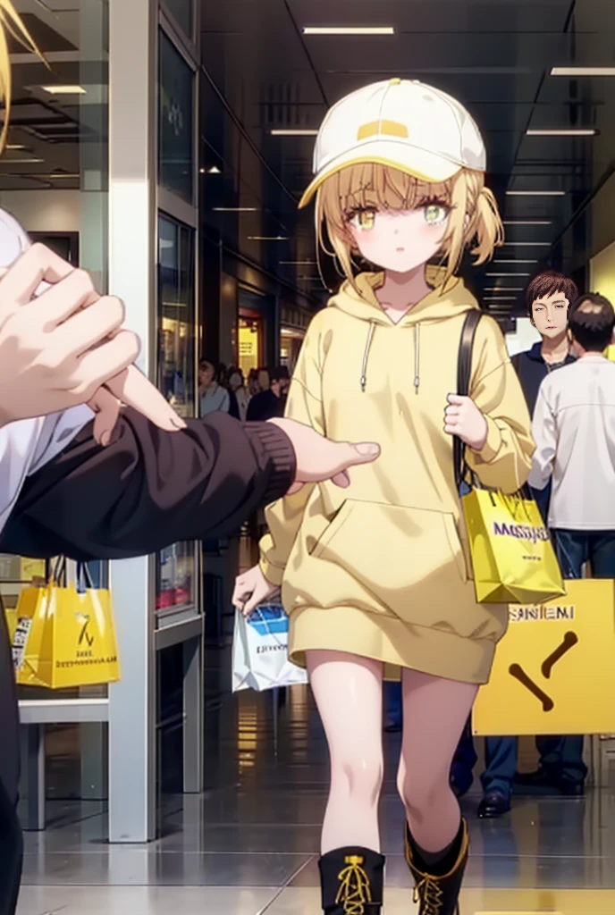 mahirushiina, Mahiru Shiina, bangs, Blonde, Brown Hair, (Yellow Eyes:1.3), smile,Open your mouth,Baseball cap,Oversized yellow hoodie,Short sleeve,mini skirt,black tights,short boots,Walking,Clear skies,Daytime,
break indoors,Shopping mall,
break looking at viewer, whole body,
break (masterpiece:1.2), Highest quality, High resolution, unity 8k wallpaper, (shape:0.8), (Fine and beautiful eyes:1.6), Highly detailed face, Perfect lighting, Highly detailed CG, (Perfect hands, Perfect Anatomy),