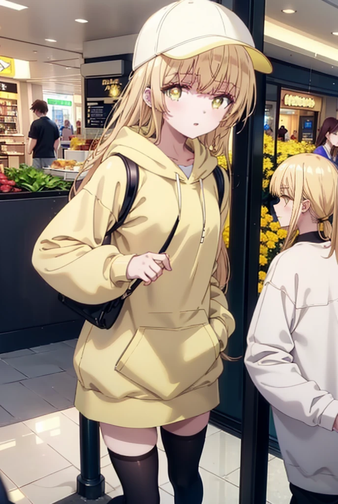 mahirushiina, Mahiru Shiina, bangs, Blonde, Brown Hair, (Yellow Eyes:1.3), smile,Open your mouth,Baseball cap,Oversized yellow hoodie,Short sleeve,mini skirt,black tights,short boots,Walking,Clear skies,Daytime,
break indoors,Shopping mall,
break looking at viewer, whole body,
break (masterpiece:1.2), Highest quality, High resolution, unity 8k wallpaper, (shape:0.8), (Fine and beautiful eyes:1.6), Highly detailed face, Perfect lighting, Highly detailed CG, (Perfect hands, Perfect Anatomy),