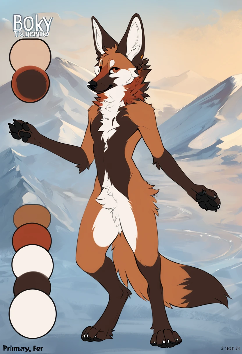 Solo, male, furry art, maned_wolf, fursona, ((canine)), (((brown primary fur))), white secondary, (perky ears), reference sheet, amazing art, masterfully executed, beautiful background, normal body, paws.