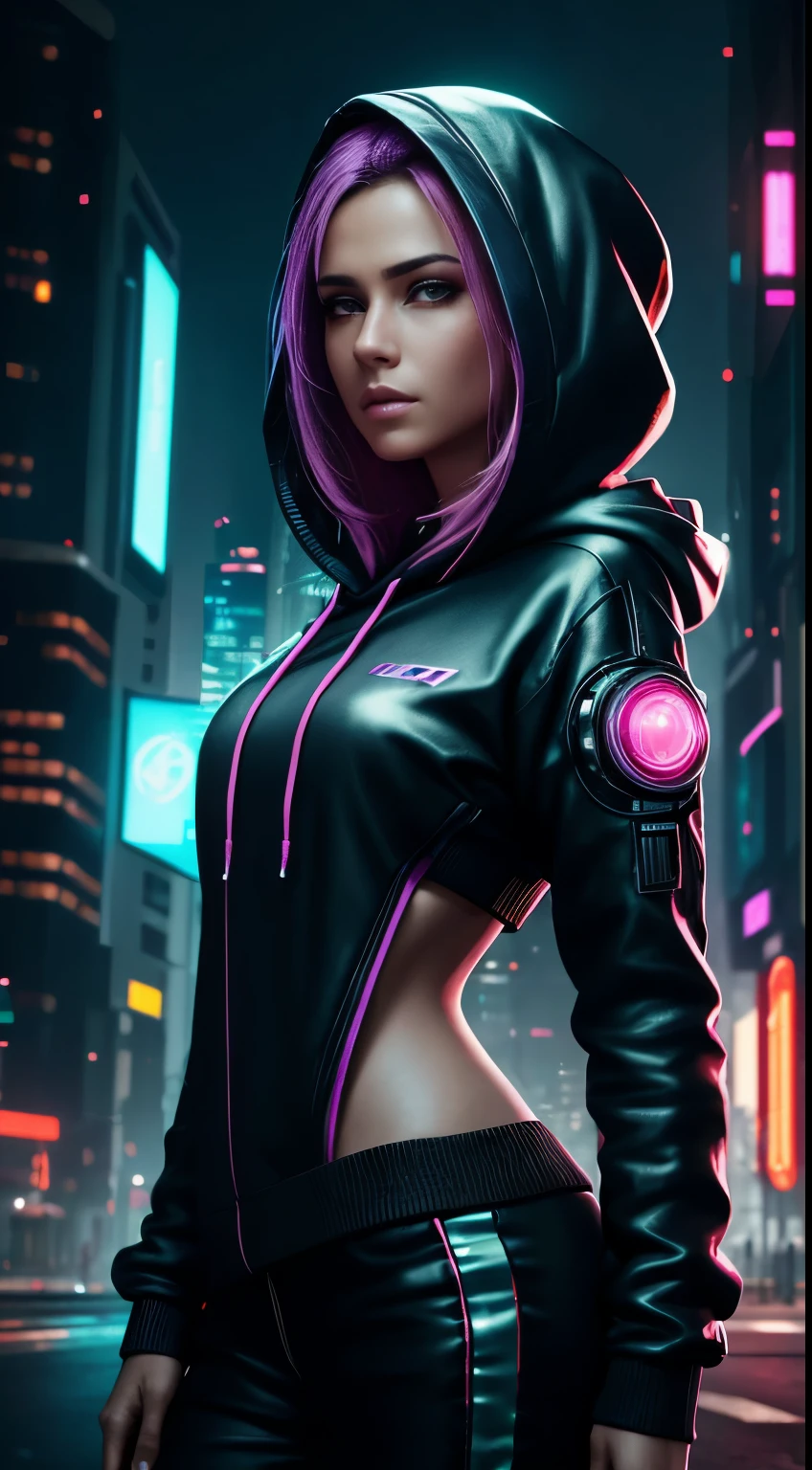 Cyberpunk portrait photography, beautiful young woman in bright futuristic hoodie, looking out of the camera, super realistic face, Correct eye position, natural skin, soft lighting, rim light, Hips, Roadside, detailed background, complicated, Full body shot, muito detalhado, octane render, HD, 8K, by Annie Leibovitz,120mm