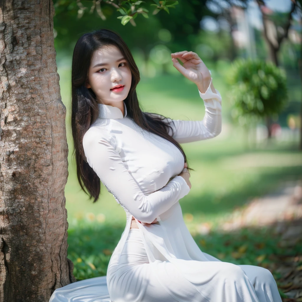 big breasts, round breasts, wearing bra inside ao dai, slim figure, beautiful figure, big breasts, long straight hair, ((sharp 8k quality photo)), ((details of beautiful, sharp face, face balanced) cho)), ((beautiful breasts, exposed cleavage, plump body), ((beautiful sparkling eyes, sharp eye details, beautiful face, balanced eyes)), sitting under a big tree It's raining and my whole body is wet, the rain is wet, my ao dai shows my chest, ((super beautiful body with high details, tight body, big bust and slim waist)), ((round breasts))