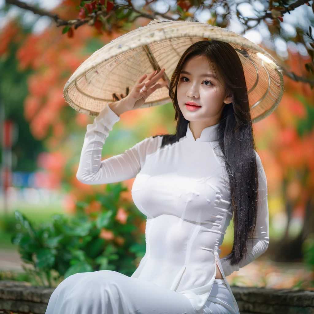 big breasts, round breasts, wearing bra inside ao dai, slim figure, beautiful figure, big breasts, long straight hair, ((sharp 8k quality photo)), ((details of beautiful, sharp face, face balanced) cho)), ((beautiful breasts, exposed cleavage, plump body), ((beautiful sparkling eyes, sharp eye details, beautiful face, balanced eyes)), sitting under a big tree It's raining and my whole body is wet, the rain is wet, my ao dai shows my chest, ((super beautiful body with high details, tight body, big bust and slim waist)), ((round breasts))