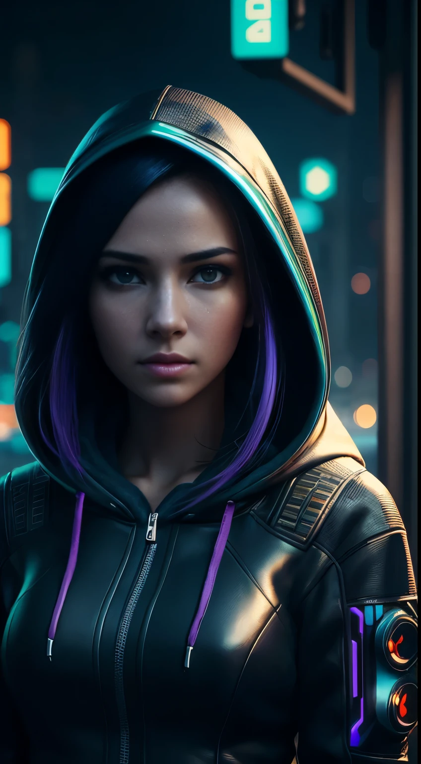 Cyberpunk portrait photography, beautiful young woman in bright futuristic hoodie, looking out of the camera, super realistic face, Correct eye position, natural skin, soft lighting, rim light, Hips, Roadside, detailed background, complicated, Full body shot, muito detalhado, octane render, HD, 8K, by Annie Leibovitz,120mm