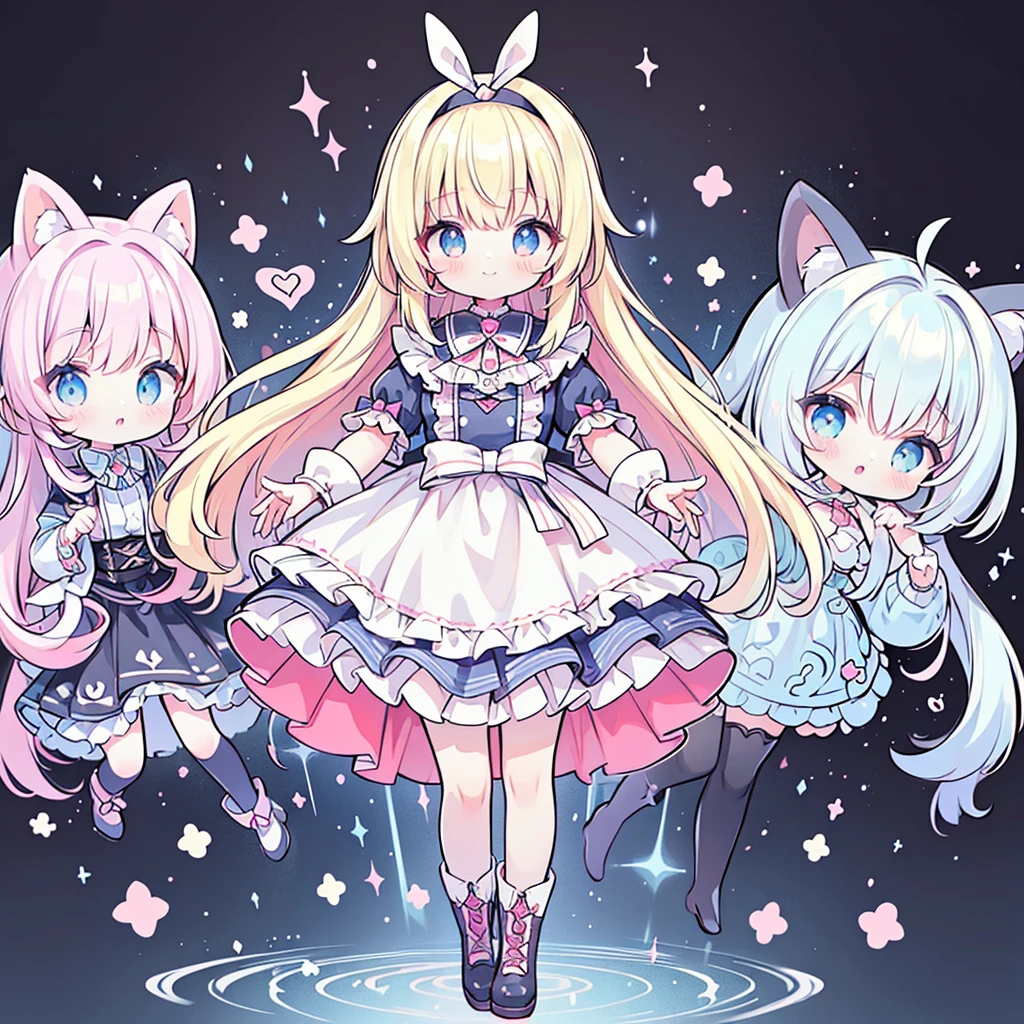 (Tabletop, Highest quality), (Perfect athletic body:1.2), (Fine hair), Super detailed, Anime Style, whole body, alone, Fantasy Blonde Hair, Blue Eyed Girl, Apron dress like Alice in Wonderland, Playing cards with your hands, Red Hairband, Black-purple miasma swirls, There are many whispers of the floating black devil, Nightmarish sights, Standing in the Wilderness, High heel boots, Digital Painting, 8K high resolution, Trend Art Station, White Background, whole body, Bad smile