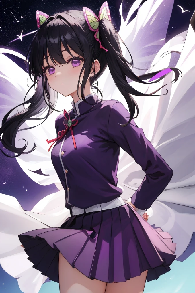 (masterpiece:1.3), (best quality:1.1), (8k, ultra detailed, ultra high res:1.2), ((anime style)), perfect 5 fingers, perfect anatomy, (arms behind back:1.2),
1girl,
Kanao Tsuyuri,
BREAK long hair, side ponytail,
black hair,
purple eyes, (empty eyes:1.4),
butterfly hair ornament,
(medium breasts:0.9),
BREAK (purple shirt, pleated purple skirt, long sleeve:1.2), white cape with ribbon, looking at viewer,
cowboy shot,
perfect light,
waving, outdoors, sea, field, night, night sky, starry sky,