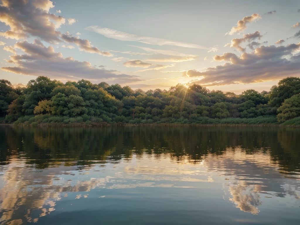 a serene sunset over a tranquil lake, picturesque landscape, golden hour sunlight, reflections on the water, wispy clouds in the sky, lush greenery surrounding the lake, detailed foreground elements, photorealistic, highly detailed, 8k, HDR, cinematic lighting, vibrant colors, beautiful scenery