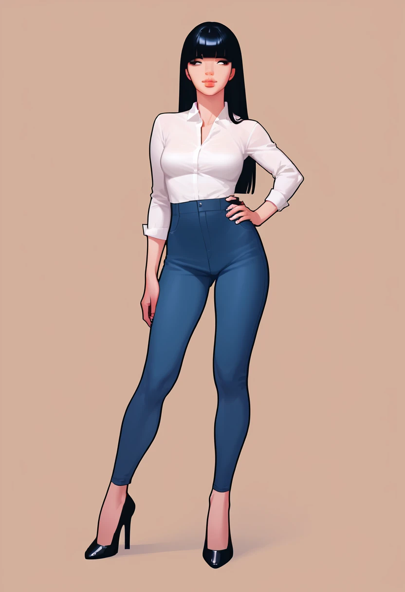 score_9, score_8_up, score_7_up, score_6_up, detailed art of a woman, pale, smooth skin, hair over both eyes, long straight black hair, blunt bangs, full lips, slender physique, white office shirt, blue pants, black heels,
