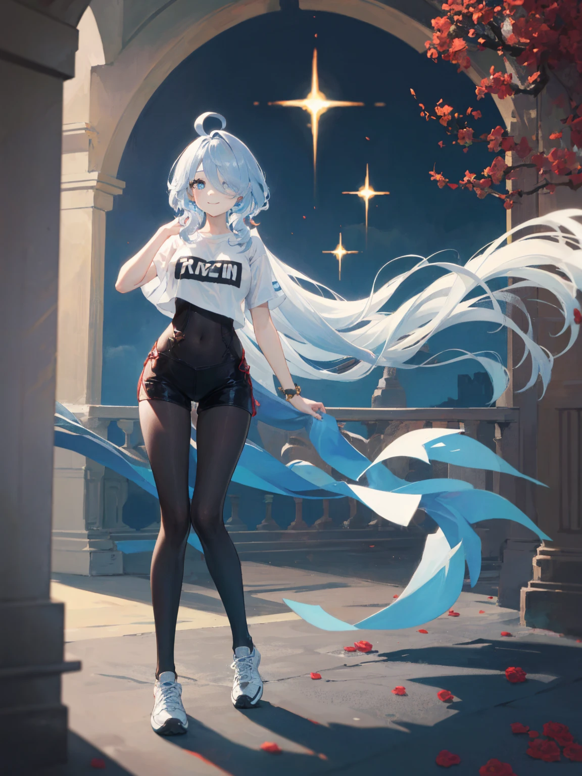 Masterpiece, a young beautiful girl, smiling, ultra detailed eyes, detailed iris, sparkle eyes, (multicolored eyes), (heterochromia), (messy hair:1.3), (white blue hair:1.3), (long ponytail), (hair over one eye:1.3), (wavy hair:1.1), looking at the camera, standing in front of a clump of roses, wearing shorts and t-shirt, (white t shirt:1.3), (see through:1.3), (transparent clothes:1.3), white sneakers. Wearing a top and shorts, flowers, full-body photo, casual pose, slender legs