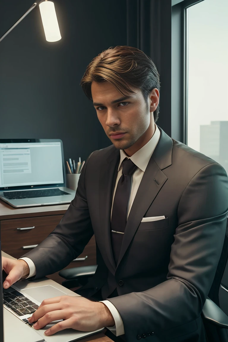 a handsome man in an office room, wearing a suit, sitting at a desk, working on a laptop computer, professional lighting, depth of field, photorealistic, 4k, highres, best quality, intricate details, realistic textures, cinematic lighting, dramatic shadows, warm color tones, elegant atmosphere