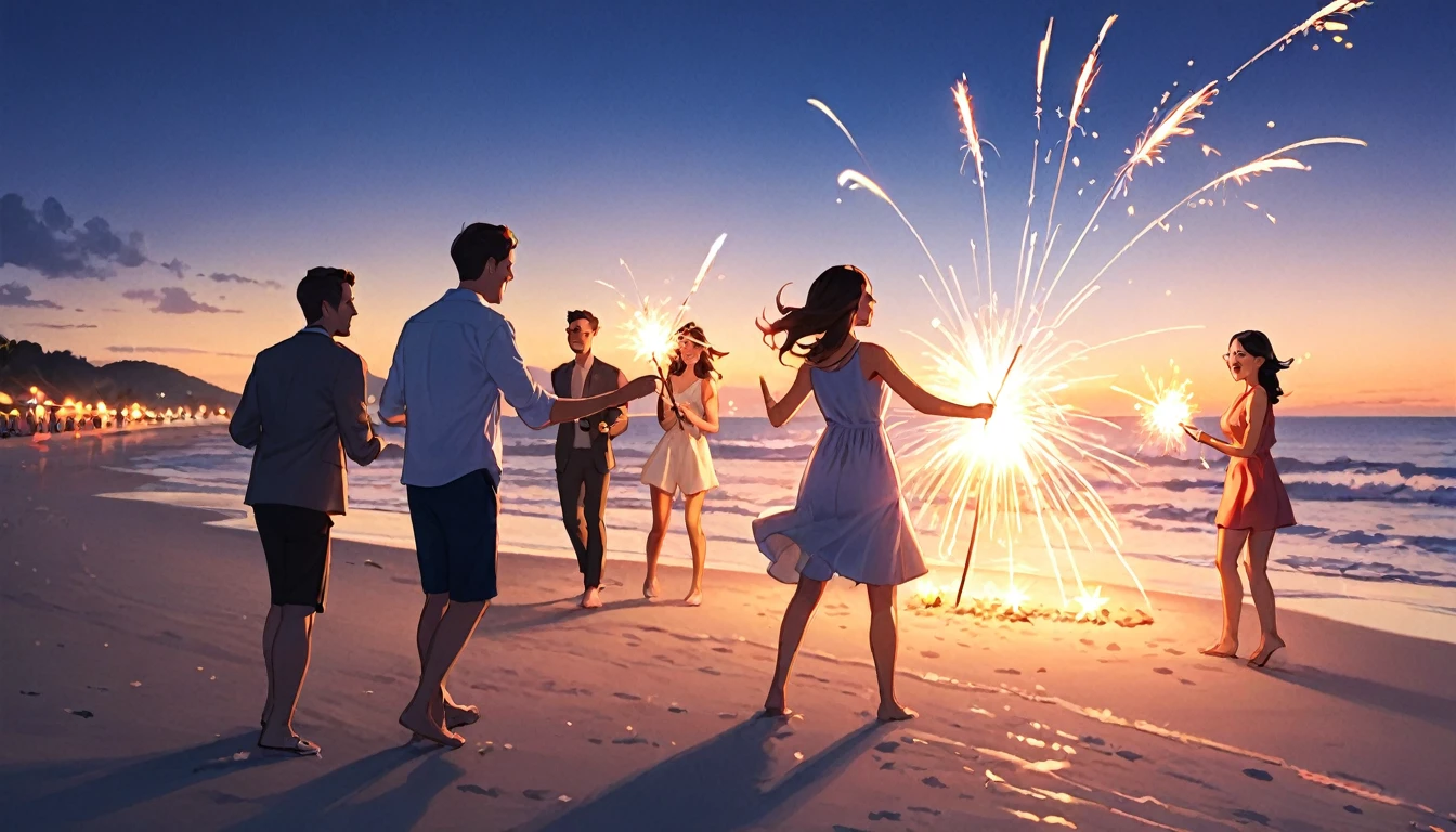 Men and women playing sparklers on the beach
