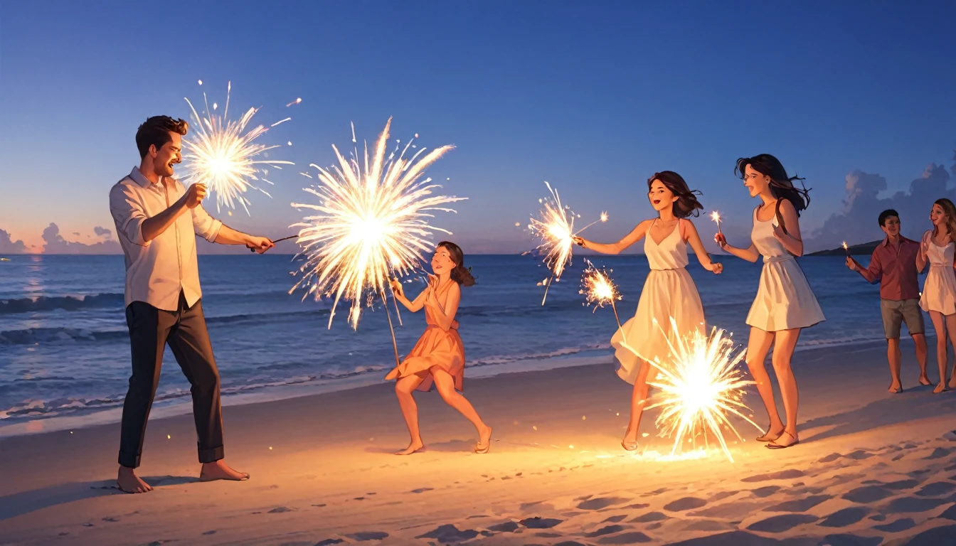 Men and women playing sparklers on the beach