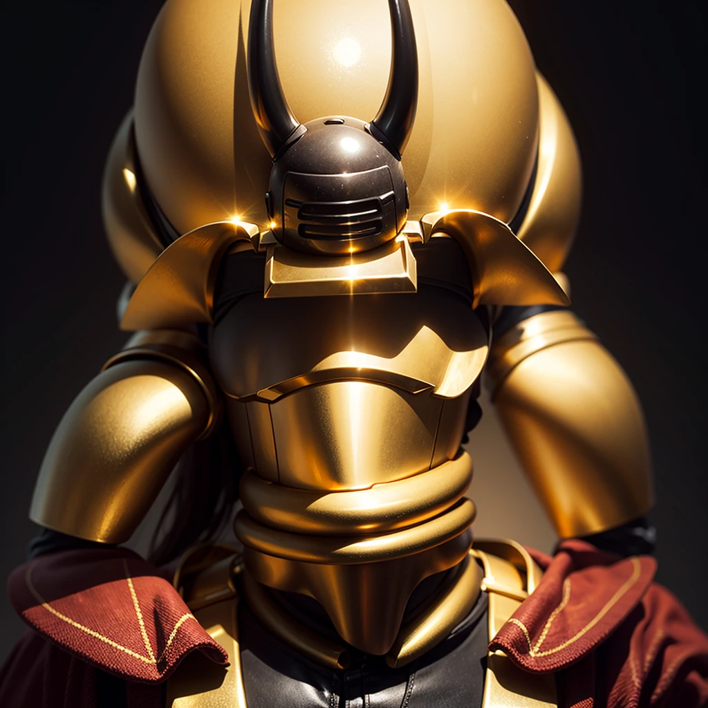Two long horns on head, golden horns, horns on both shoulders, golden armor, dark night background, high quality, blue visor,