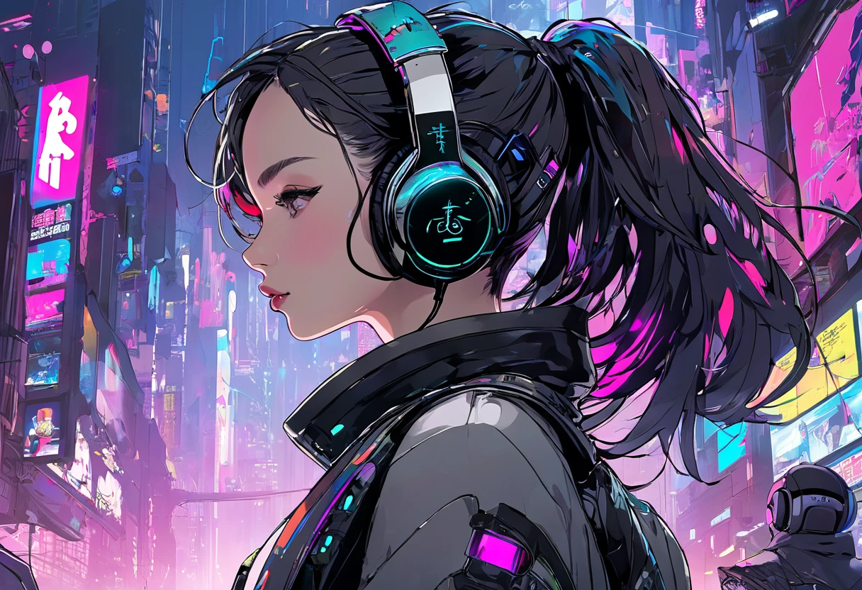 image、Complex、design drawings、cyberpunk、Beauty wearing headphones、