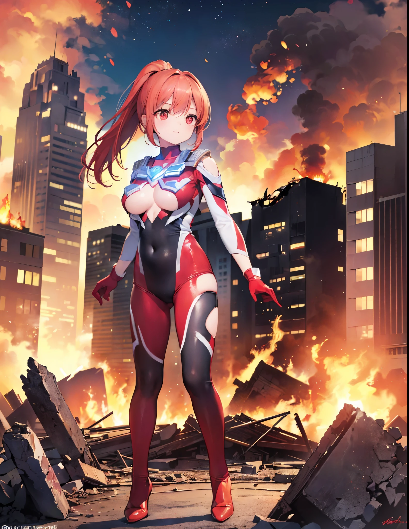 Realistic,Highest quality, Ultra Detail, High-quality CG rendering, The most delicate and beautiful, Floating softly, High resolution, (1 giant girl), (Highest quality,4K,8K,masterpiece:1.2),(All red hair:1.5), (ponytail:1.5),(Red eyes:1.5), (Ultra Girl:1.0), (Red Ultraman bodysuit:1.4),(Do not expose your skin:1.4),(Slightly larger :1.5),(Place your hands in front of your chest:1.3),(Red gloves:1.3),(Red Shoes:1.3),(whole body:1.3),(Are standing:1.3),(A city engulfed in flames:1.3),(Buildings in flames:1.3),(Burning Ruins:1.3),(Fighting Pose:1.3),(Put your right hand forward:1.3)