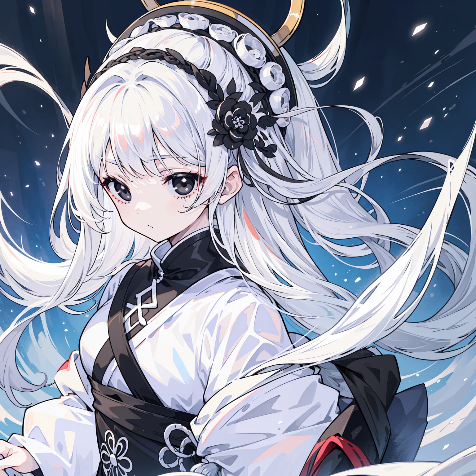 (Top image quality)、(Ultra Detailed)、(Facing forward)、top quality、masterpiece、(((1 girl)))、Silver Hair、white hair、((Long hair))、(black eyes:1.6)、(Hanfu)