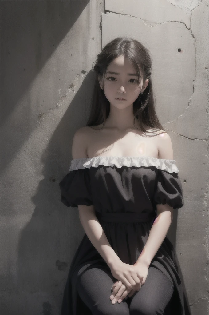 Highest quality, masterpiece, Ultra-high resolution, (Realistic:1.4), RAW Photos, (Real skin texture:1.3), (Film Grain:1.3), Panorama, Character Portrait, Very wide shot, Tight waist, Cowboy Shot, (In the Dark, Deep Shadow, Modest, Cold Light,) night, close, Tears flow,
indoor, Dust, Tyndall effect, sad, It was a shame, dark (Performance), Sitting, (????????????????), Are crying, Frowning, (head lowered), Nervous, tear up, ,
One girl, Beautiful and detailed eyes and face, White Jabot, Off the shoulder, Brown eyes,
