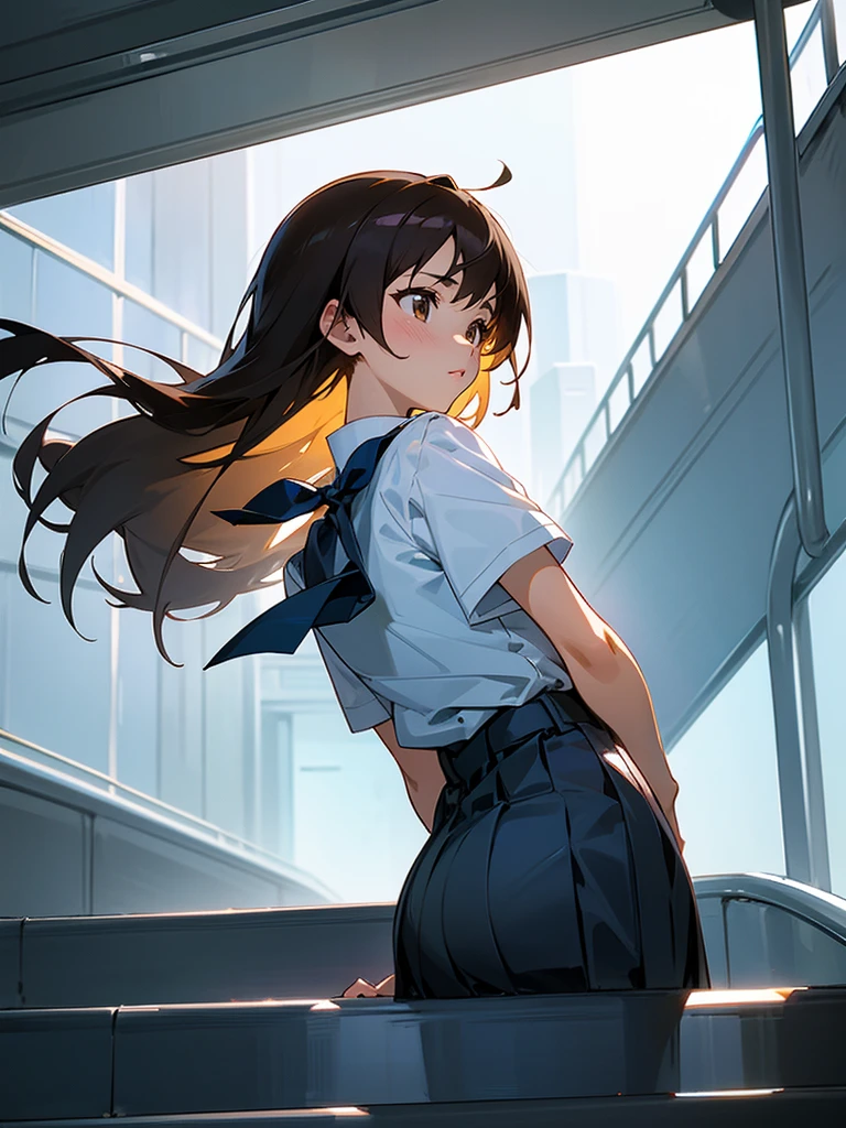 master piece, extremely detailed, high resolution,Makoto Shinkai style、high school girl、1 girl、Short-sleeved shirt、Blue bow tie、Glossy, plump lips、Shiny Hair、Brown Hair、Long Straight Hair、Mid-chest、Narrow waist、Checkered mini skirt、Climbing an escalator、Backwards、Looking up from below、Skirt is held back、You can see inside the skirt from behind、Embarrassed look、