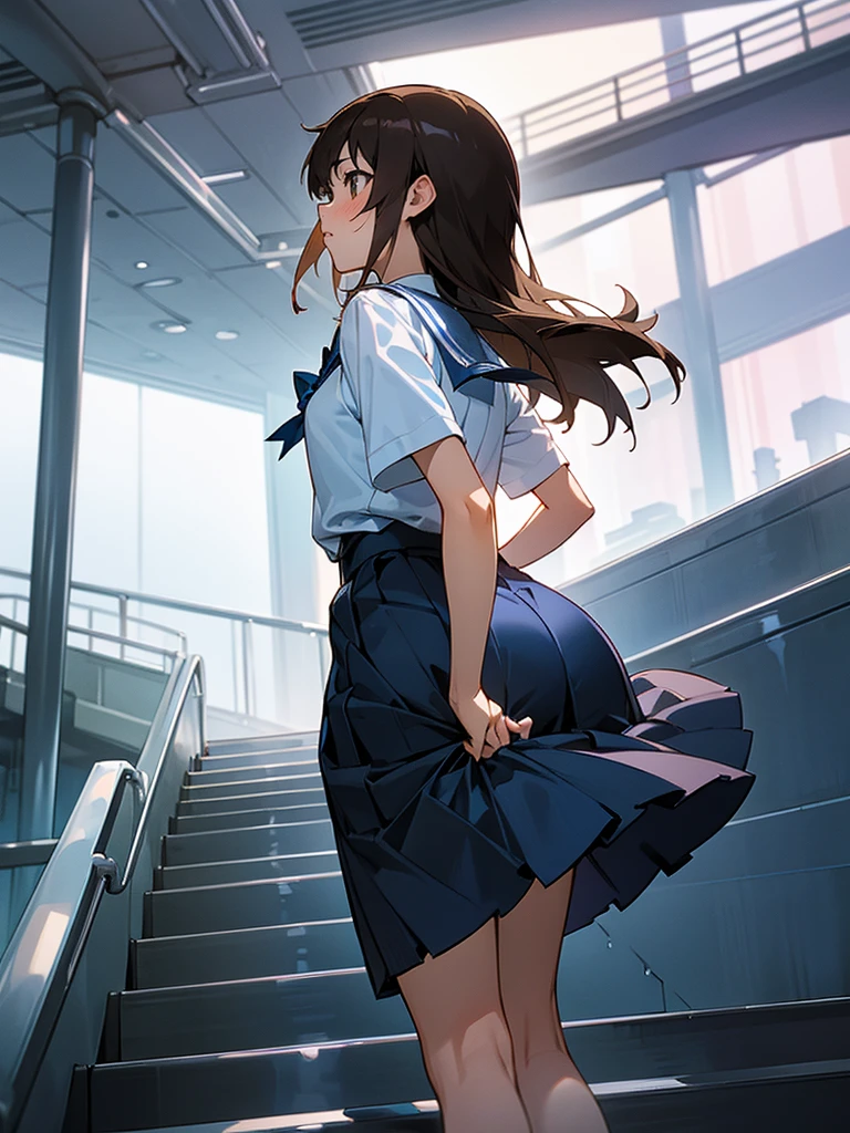 master piece, extremely detailed, high resolution,Makoto Shinkai style、high school girl、1 girl、Short-sleeved shirt、Blue bow tie、Glossy, plump lips、Shiny Hair、Brown Hair、Long Straight Hair、Mid-chest、Narrow waist、Checkered mini skirt、Climbing an escalator、Backwards、Looking up from below、Skirt is held back、You can see inside the skirt from behind、Embarrassed look、