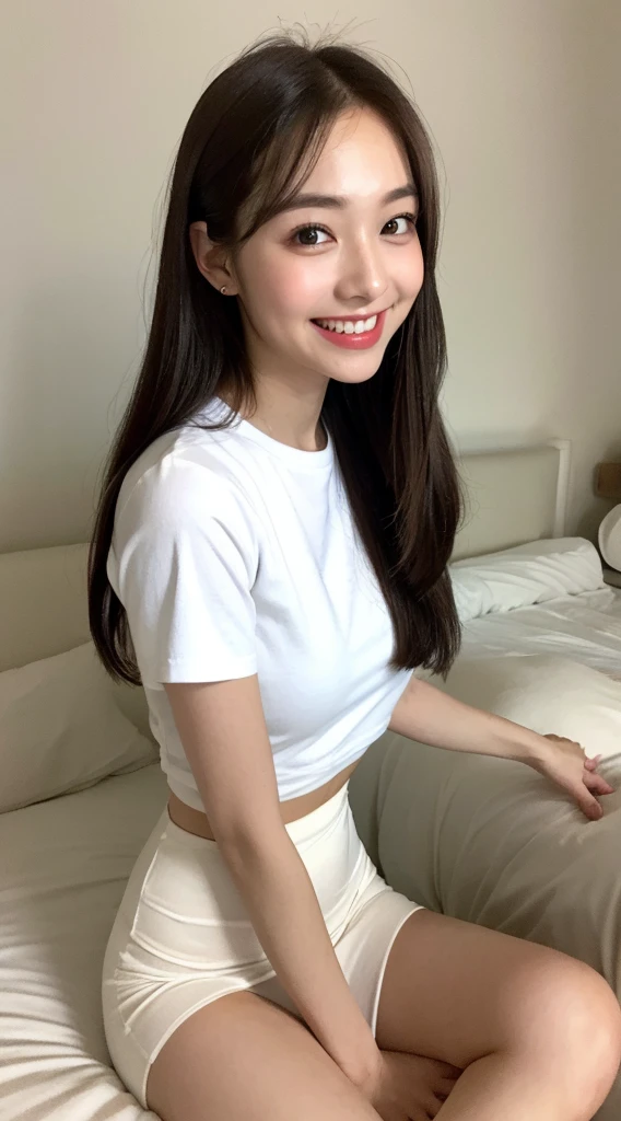 White tight skinny shirt、White tight skinny bed、smile、Short sleeve、high resolution、double eyelid、White teeth、Long Hair A well-proportioned Japanese face Thin eyebrows Brown Hair Panty shot Black Mini Skirt