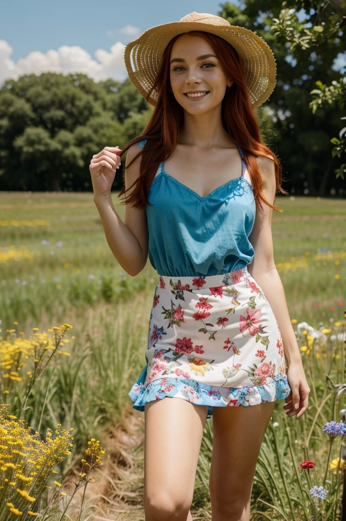 professional photo of a beautiful woman, bright red hair, bright blue eyes, full body, dressed in a hippie like dress, wearing a hat, standing in a field full of flowers, raw photo, highly detailed, ultra hd, 8k, smiling, smile