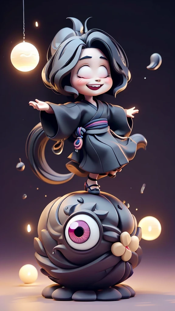 cute、Mini character、Fantasy、Smiling、Rainbow Eyes、Flying happily、Long Hair、ponytail、 black kimono、１Tsume、One Eye、一Tsumeお化け、Long black hair、Straight Hair