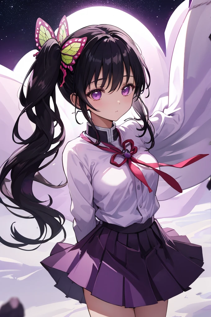 (masterpiece:1.2), (best quality:1.1), (8k, ultra detailed, ultra high res:1.2), ((anime style)), perfect 5 fingers, perfect anatomy, (arms behind back:1.3),  
1girl,
Kanao Tsuyuri, 
BREAK long hair, side ponytail, 
black hair, 
purple eyes, (empty eyes:1.3), 
butterfly hair ornament, 
(medium breasts:0.9),  
BREAK (purple shirt, pleated purple skirt, long sleeve:1.1), white cape with ribbon, looking at viewer, 
cowboy shot, 
perfect light, 
waving, outdoors, sea, field, night, night sky, starry sky,