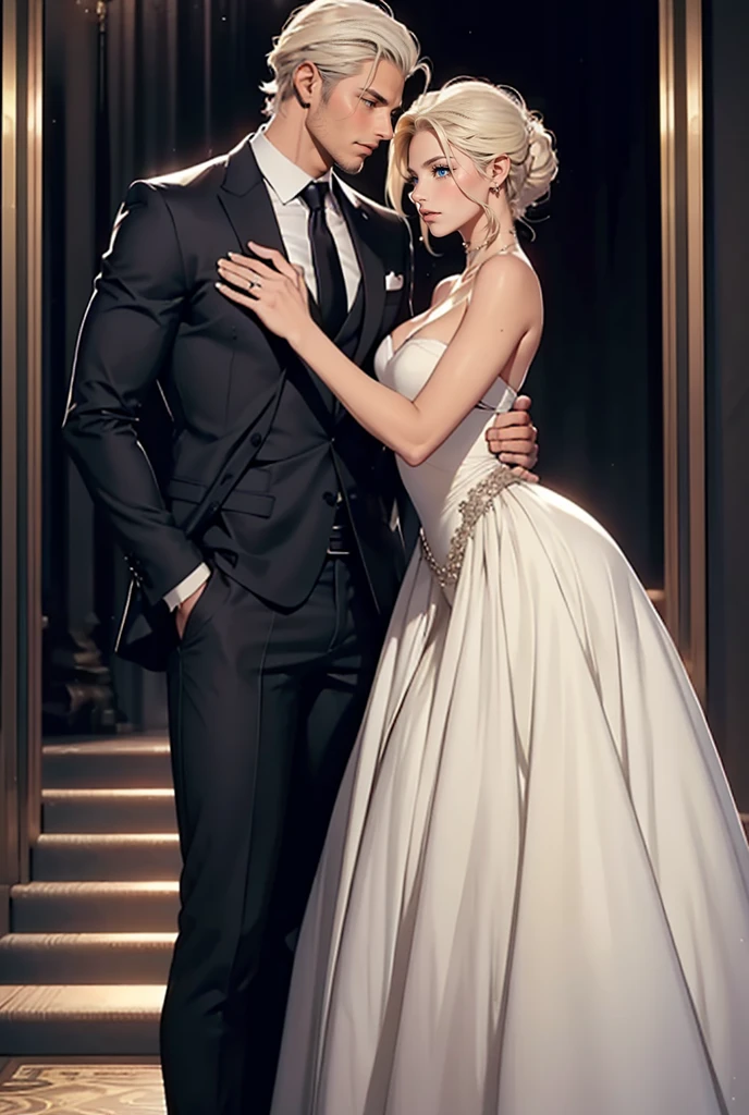 The picture shows a couple: 1 man (Tall, handsome, statuesque, courageous, adult man-platinum blonde with long platinum hair, he has blue eyes, tanned skin, he is dressed in an expensive brand suit, 1 woman is holding his arm (an incredibly beautiful young blonde femme fatale, dressed in a luxurious stylish, branded dress). They're at the theater. Style icons, celebrities, the elite. Theater, performance, ballet. They're in love.